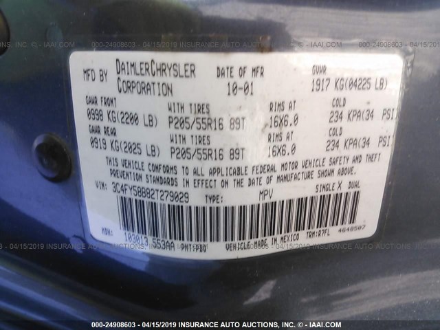 3C4FY58B82T279029 - 2002 CHRYSLER PT CRUISER TOURING BLUE photo 9