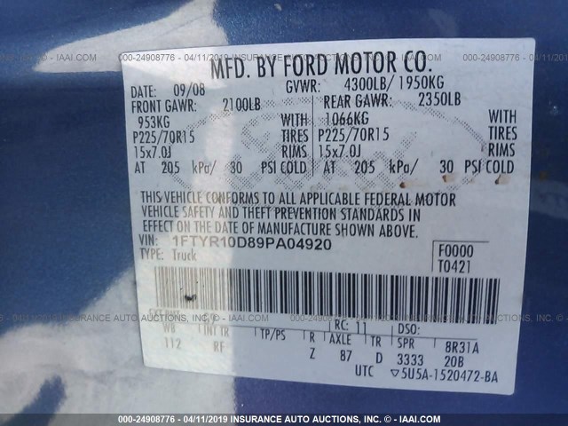 1FTYR10D89PA04920 - 2009 FORD RANGER BLUE photo 9