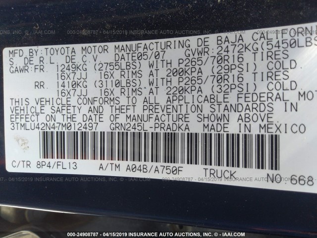 3TMLU42N47M012497 - 2007 TOYOTA TACOMA DOUBLE CAB 蓝色 照片 9