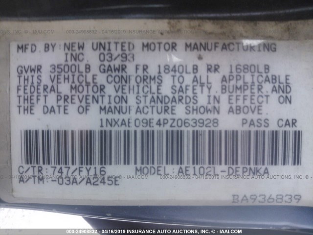 1NXAE09E4PZ063928 - 1993 TOYOTA COROLLA LE/DX TURQUOISE photo 9