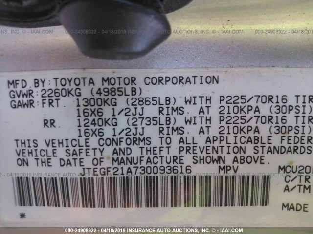 JTEGF21A730093616 - 2003 TOYOTA HIGHLANDER LIMITED SILVER photo 9