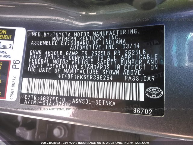 4T4BF1FK6ER396264 - 2014 TOYOTA CAMRY L/SE/LE/XLE 灰色 照片 9
