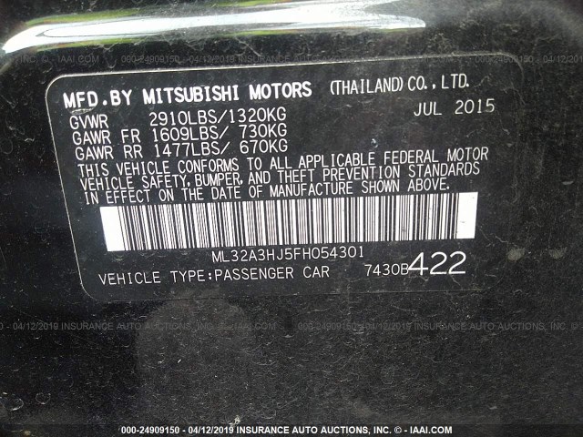 ML32A3HJ5FH054301 - 2015 MITSUBISHI MIRAGE DE BLACK photo 9