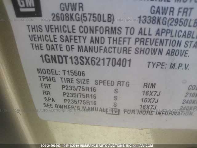 1GNDT13SX62170401 - 2006 CHEVROLET TRAILBLAZER LS/LT TAN photo 9