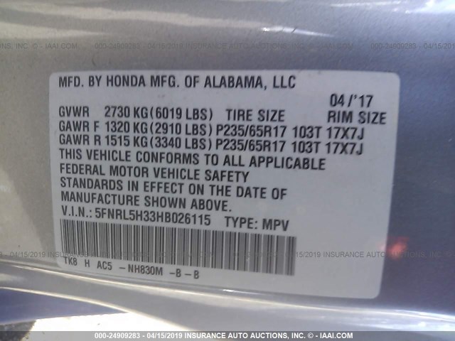 5FNRL5H33HB026115 - 2017 HONDA ODYSSEY SE SILVER photo 9