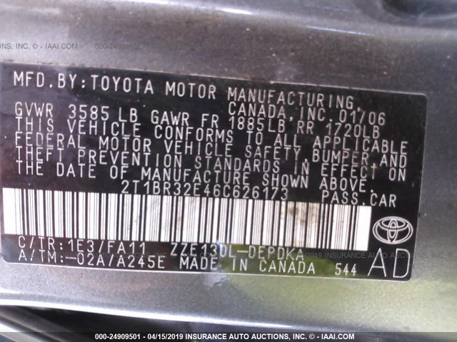 2T1BR32E46C626173 - 2006 TOYOTA COROLLA CE/LE/S TAN photo 9