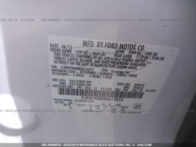 1LNHL9DR8BG615053 - 2011 LINCOLN MKS WHITE photo 9