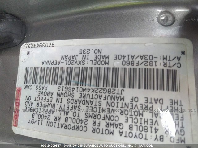 JT2BG22K4W0146613 - 1998 TOYOTA CAMRY CE/LE/XLE GRAY photo 9