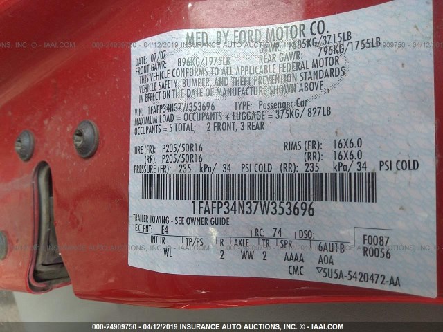 1FAFP34N37W353696 - 2007 FORD FOCUS ZX4/S/SE/SES RED photo 9