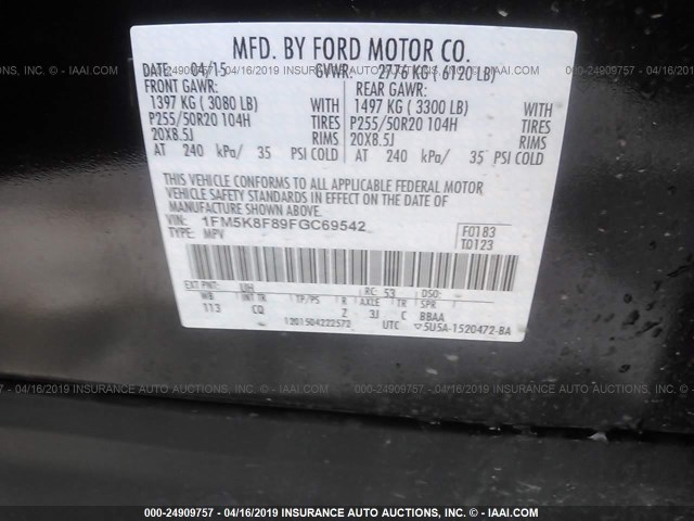 1FM5K8F89FGC69542 - 2015 FORD EXPLORER LIMITED BLACK photo 9