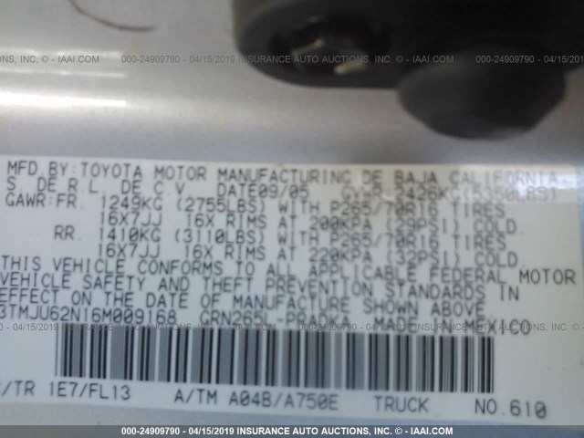 3TMJU62N16M009168 - 2006 TOYOTA TACOMA DOUBLE CAB PRERUNNER SILVER photo 9