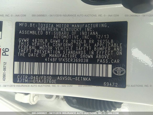 4T4BF1FK5ER369038 - 2014 TOYOTA CAMRY L/SE/LE/XLE 白色 照片 9