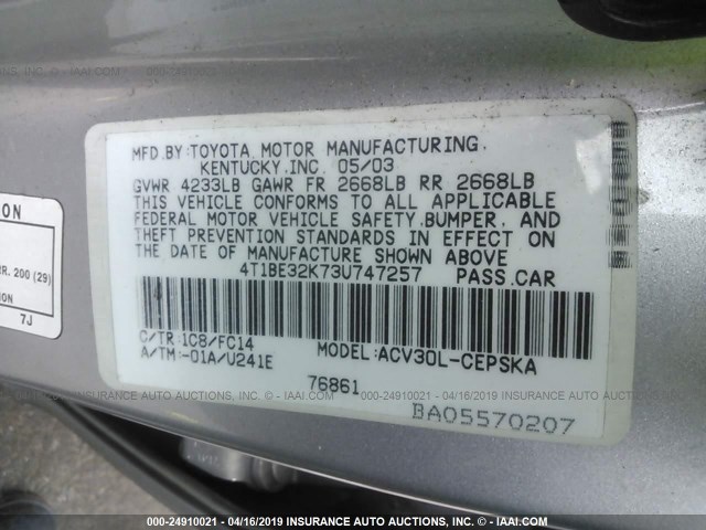 4T1BE32K73U747257 - 2003 TOYOTA CAMRY LE/XLE/SE SILVER photo 9