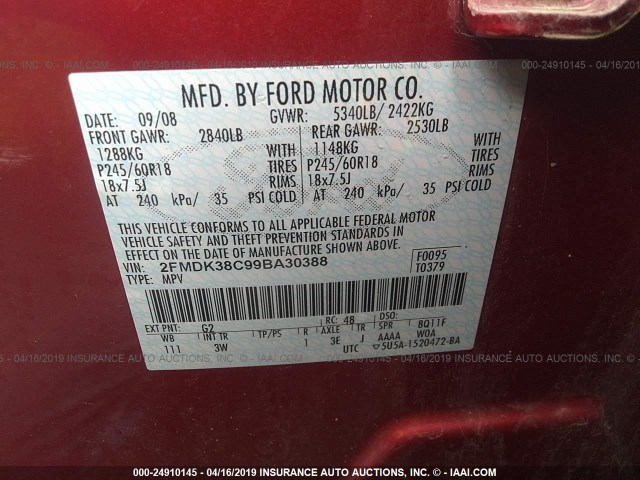 2FMDK38C99BA30388 - 2009 FORD EDGE SEL RED photo 9