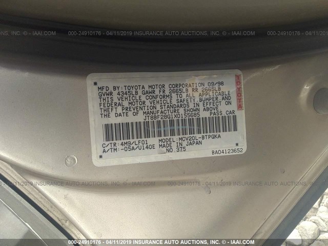 JT8BF28G1X0155685 - 1999 LEXUS ES 300 TAN photo 9