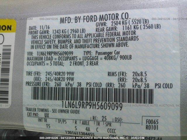 1LN6L9RP9H5609099 - 2017 LINCOLN CONTINENTAL RESERVE SILVER photo 9