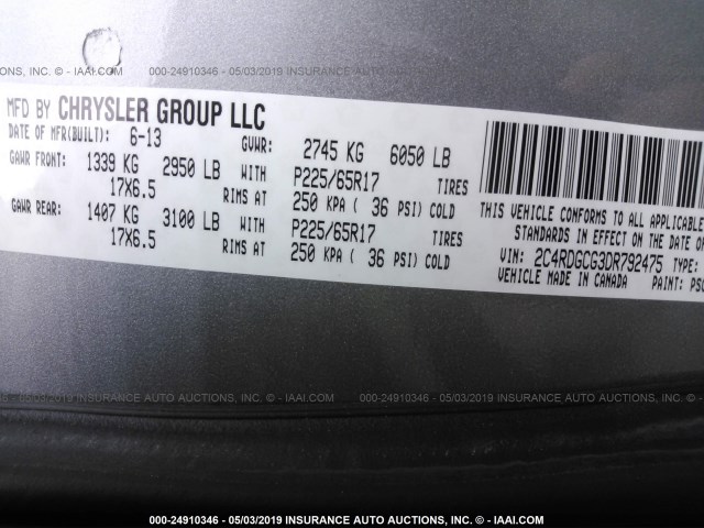 2C4RDGCG3DR792475 - 2013 DODGE GRAND CARAVAN SXT SILVER photo 9