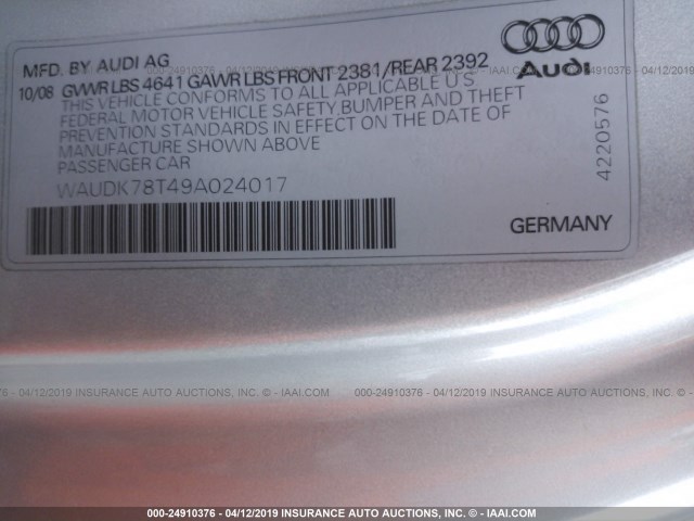 WAUDK78T49A024017 - 2009 AUDI A5 QUATTRO SILVER photo 9