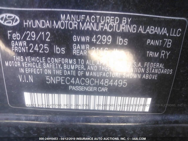 5NPEC4AC9CH484495 - 2012 HYUNDAI SONATA SE/LIMITED BLACK photo 9