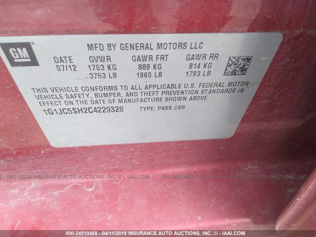 1G1JC5SH2C4229328 - 2012 CHEVROLET SONIC LT 红色 照片 9