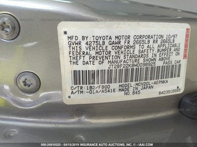JT2BF22K8W0098925 - 1998 TOYOTA CAMRY CE/LE/XLE GOLD photo 9