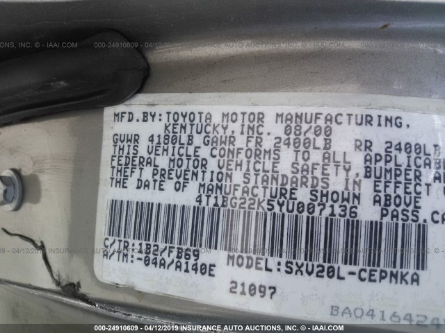 4T1BG22K5YU007136 - 2000 TOYOTA CAMRY CE/LE/XLE 棕色 照片 9