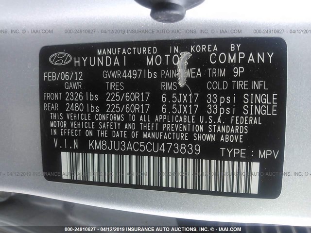 KM8JU3AC5CU473839 - 2012 HYUNDAI TUCSON GLS/LIMITED ვერცხლისფერი ფოტო 9