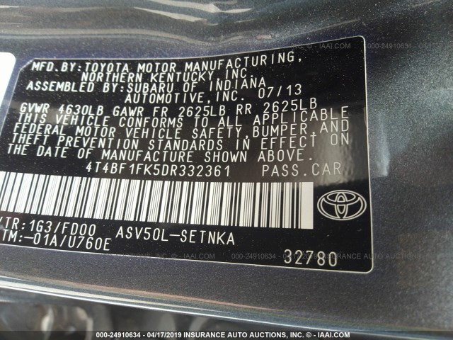 4T4BF1FK5DR332361 - 2013 TOYOTA CAMRY L/SE/LE/XLE GRAY photo 9