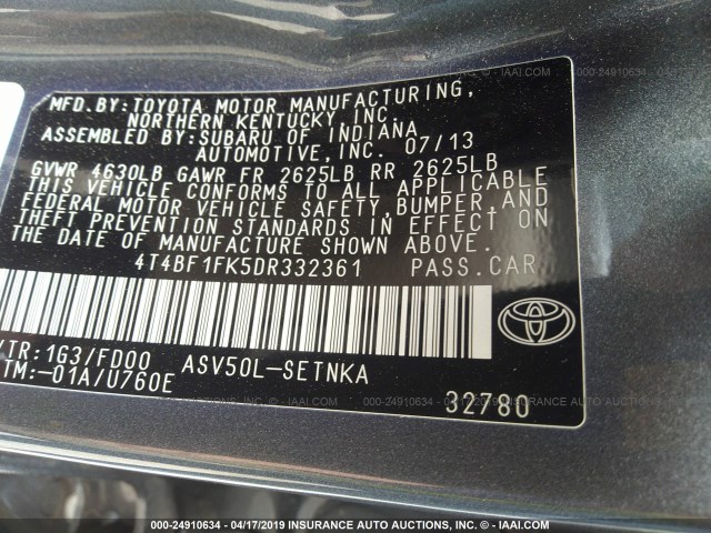4T4BF1FK5DR332361 - 2013 TOYOTA CAMRY L/SE/LE/XLE 灰色 照片 9