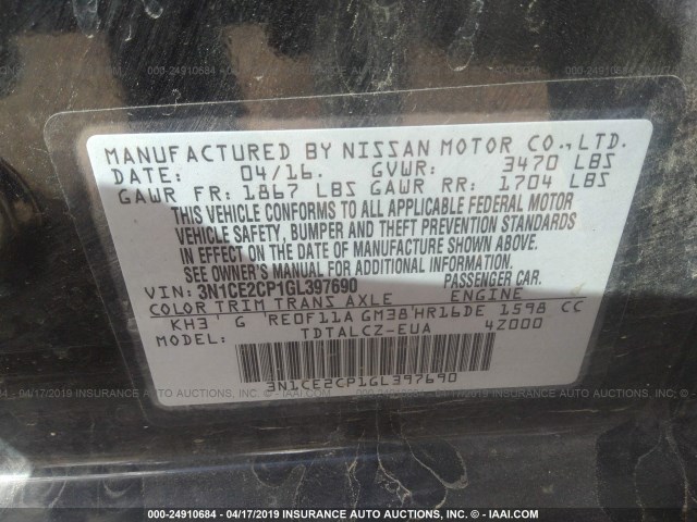 3N1CE2CP1GL397690 - 2016 NISSAN VERSA NOTE S/S PLUS/SV/SL/SR BLACK photo 9