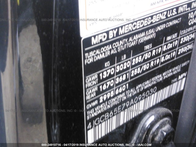 4JGCB65E79A095030 - 2009 MERCEDES-BENZ R 350 4MATIC BLACK photo 9