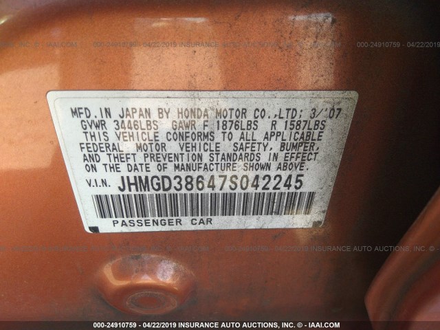 JHMGD38647S042245 - 2007 HONDA FIT S ORANGE photo 9