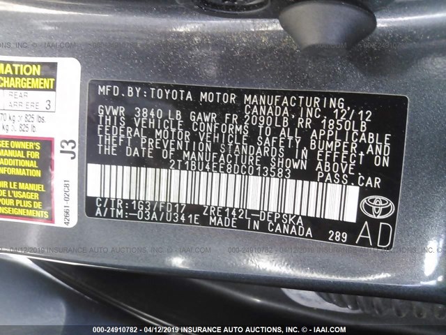 2T1BU4EE8DC013583 - 2013 TOYOTA COROLLA S/LE GRAY photo 9