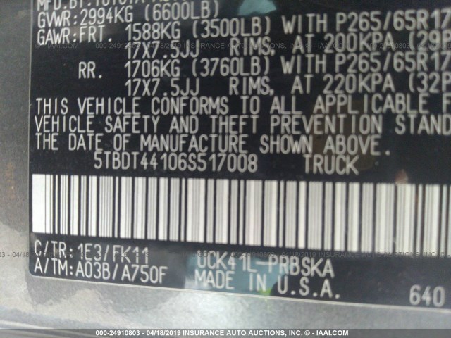 5TBDT44106S517008 - 2006 TOYOTA TUNDRA DOUBLE CAB SR5 GRAY photo 9