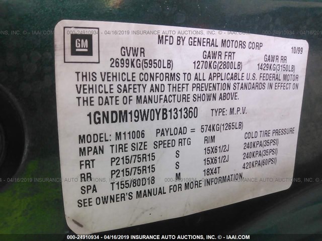 1GNDM19W0YB131360 - 2000 CHEVROLET ASTRO GREEN photo 9