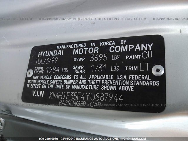 KMHJF35F4YU887944 - 2000 HYUNDAI ELANTRA GLS SILVER photo 9