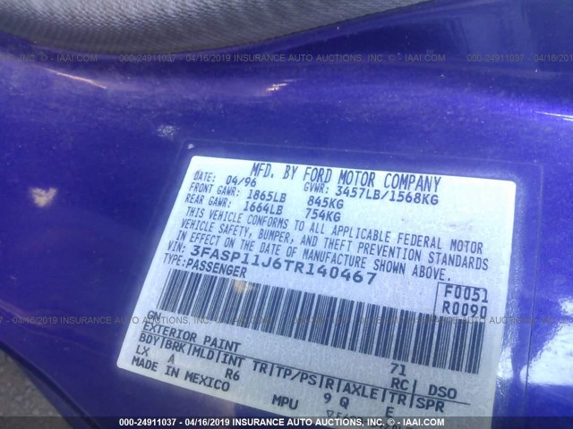 3FASP11J6TR140467 - 1996 FORD ESCORT LX PURPLE photo 9