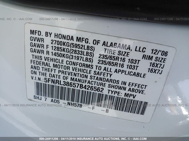 5FNRL38657B426562 - 2007 HONDA ODYSSEY EXL WHITE photo 9