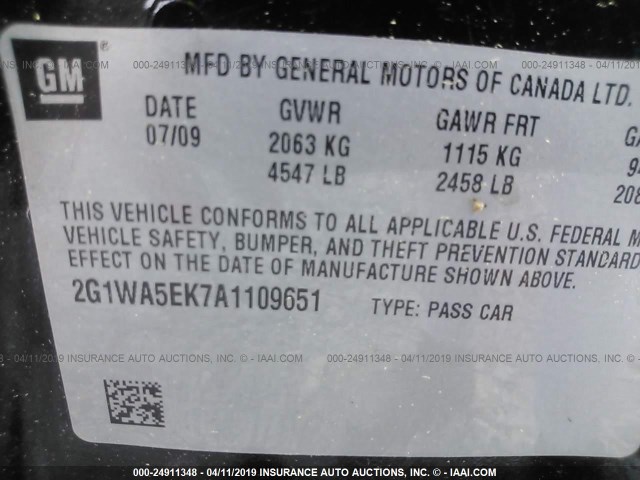 2G1WA5EK7A1109651 - 2010 CHEVROLET IMPALA LS 黑色 照片 9