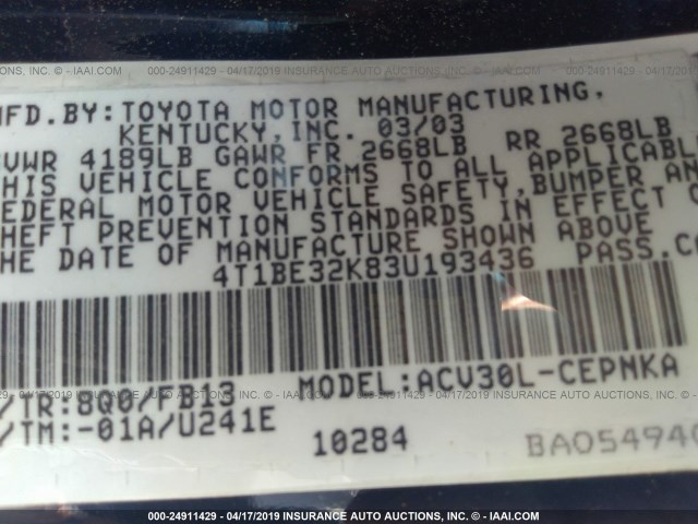 4T1BE32K83U193436 - 2003 TOYOTA CAMRY LE/XLE/SE BLUE photo 9