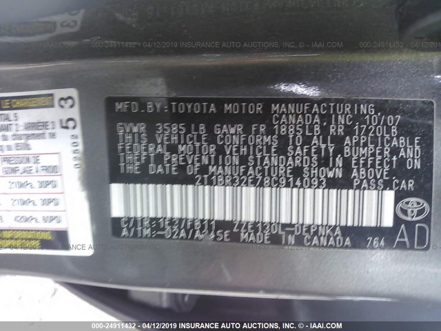 2T1BR32E78C914093 - 2008 TOYOTA COROLLA CE/LE/S GRAY photo 9