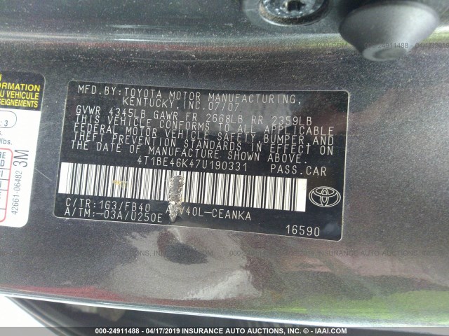 4T1BE46K47U190331 - 2007 TOYOTA CAMRY NEW GENERAT CE/LE/XLE/SE GRAY photo 9