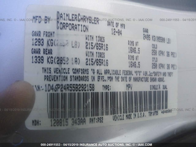 1D4GP24R55B292158 - 2005 DODGE GRAND CARAVAN SE SILVER photo 9