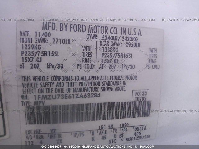 1FMZU73E61ZA63284 - 2001 FORD EXPLORER XLT WHITE photo 9