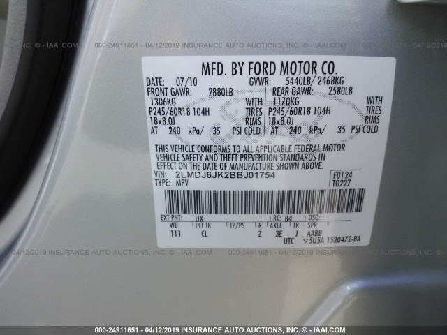 2LMDJ6JK2BBJ01754 - 2011 LINCOLN MKX SILVER photo 9