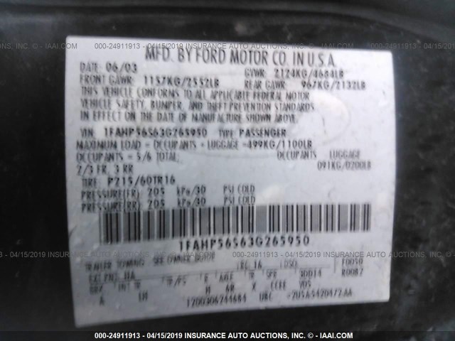 1FAHP56S63G265950 - 2003 FORD TAURUS SEL BLACK photo 9