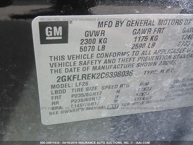 2GKFLREK2C6398036 - 2012 GMC TERRAIN SLE BLACK photo 9