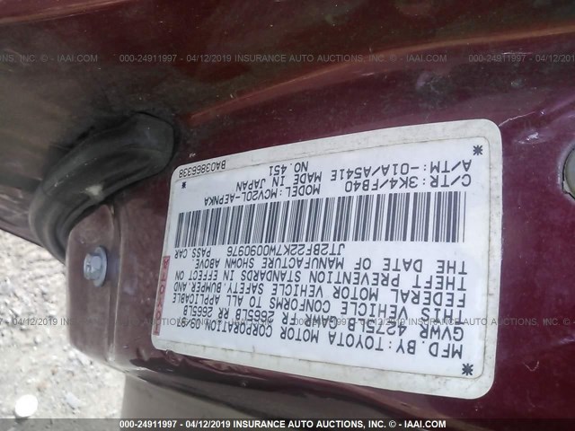 JT2BF22K7W0090976 - 1998 TOYOTA CAMRY CE/LE/XLE MAROON photo 9