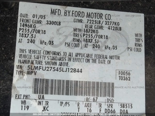 5LMFU27545LJ12844 - 2005 LINCOLN NAVIGATOR 黑色 照片 9