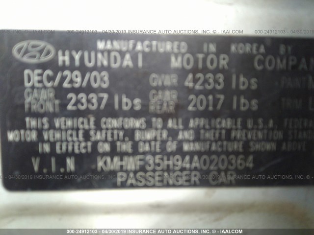 KMHWF35H94A020364 - 2004 HYUNDAI SONATA GLS/LX WHITE photo 9